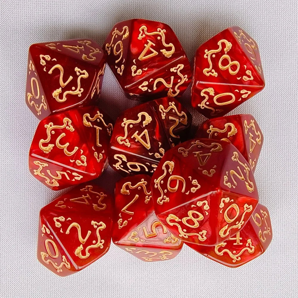 10PCS New Acrylic Dragon Themed Dice Set D10 Yellow Purple Gold Red Dice For Table Games Polyhedral Table Games Dice For D&d DND