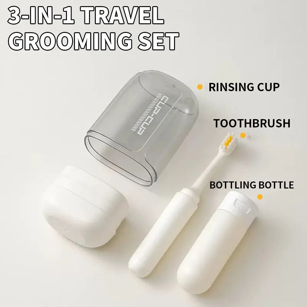 3 in 1 Travel Grooming Set - Portable Mouthwash Cup, Toothbrush, Toothpaste Storage Box - Essential Multifunctional Mini