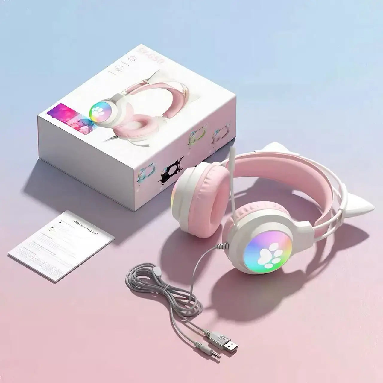 SOYTO Wired Cat Ear Headphones RGB LED Light Up Gaming Headset 3D Deep Bass Stereo Headphones with Mic for PC Laptop Girls
