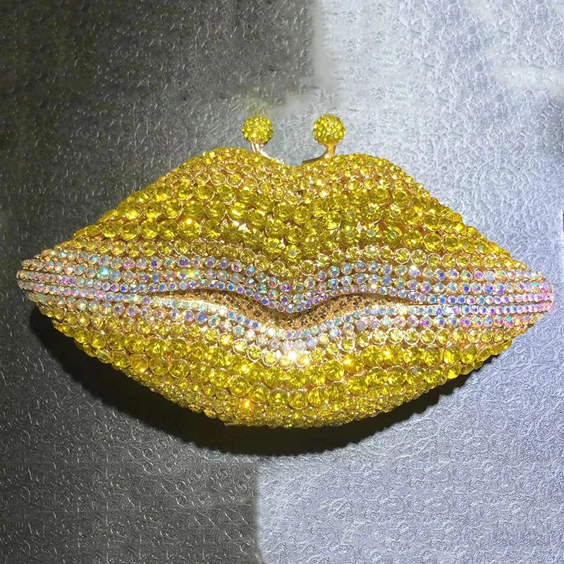 New Arrival Mouth Crystal Evening Bag Yellow/AB Diamond Wedding Bridal Clutches Purses Women’s Rhinestone Mini Minaudier Handbag