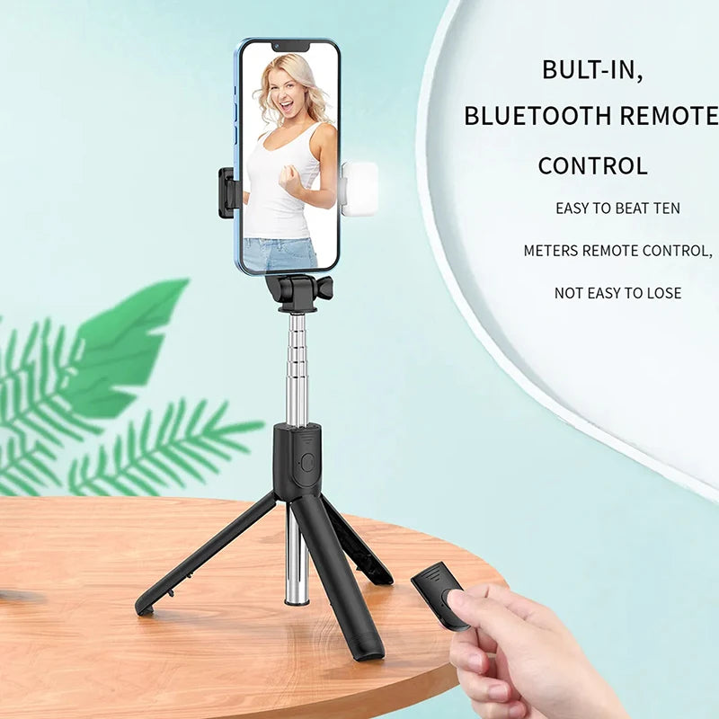 All In One Portable Tripod for iphone Selfie Stick With Fill Light Extendable Phone Stand for Live streaming BT Remote Control