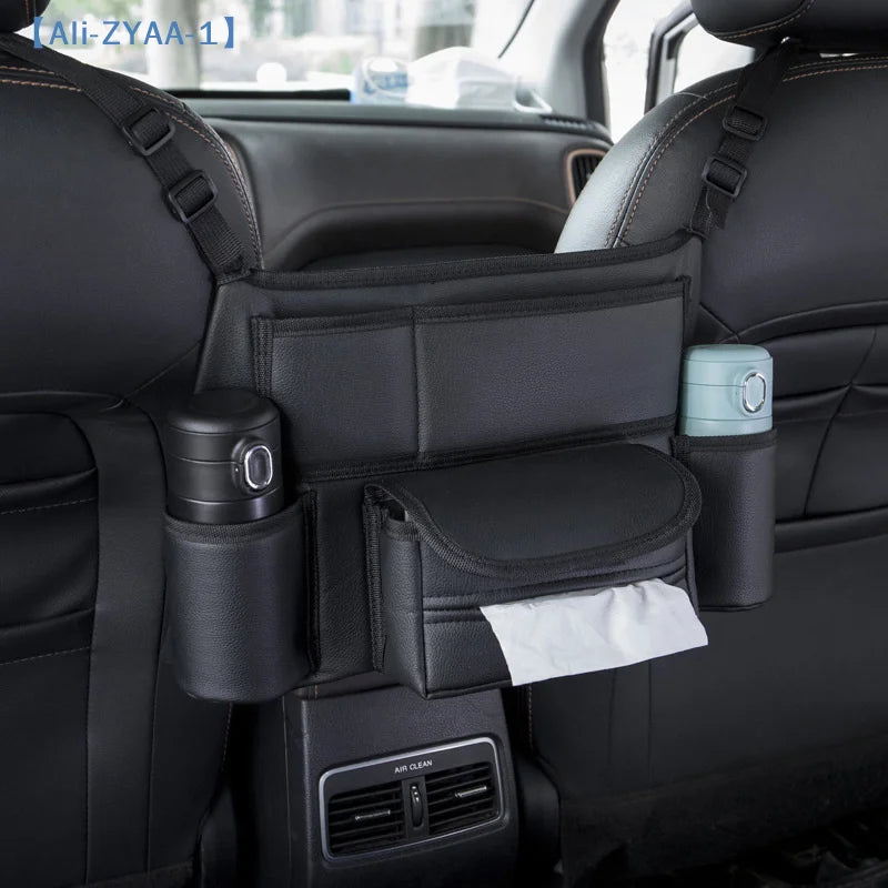 【ZYAA-1】One Durable PU Leather Car Seat Storage Bag With Cup Holder, Side Pockets And Front Storage Compartment.