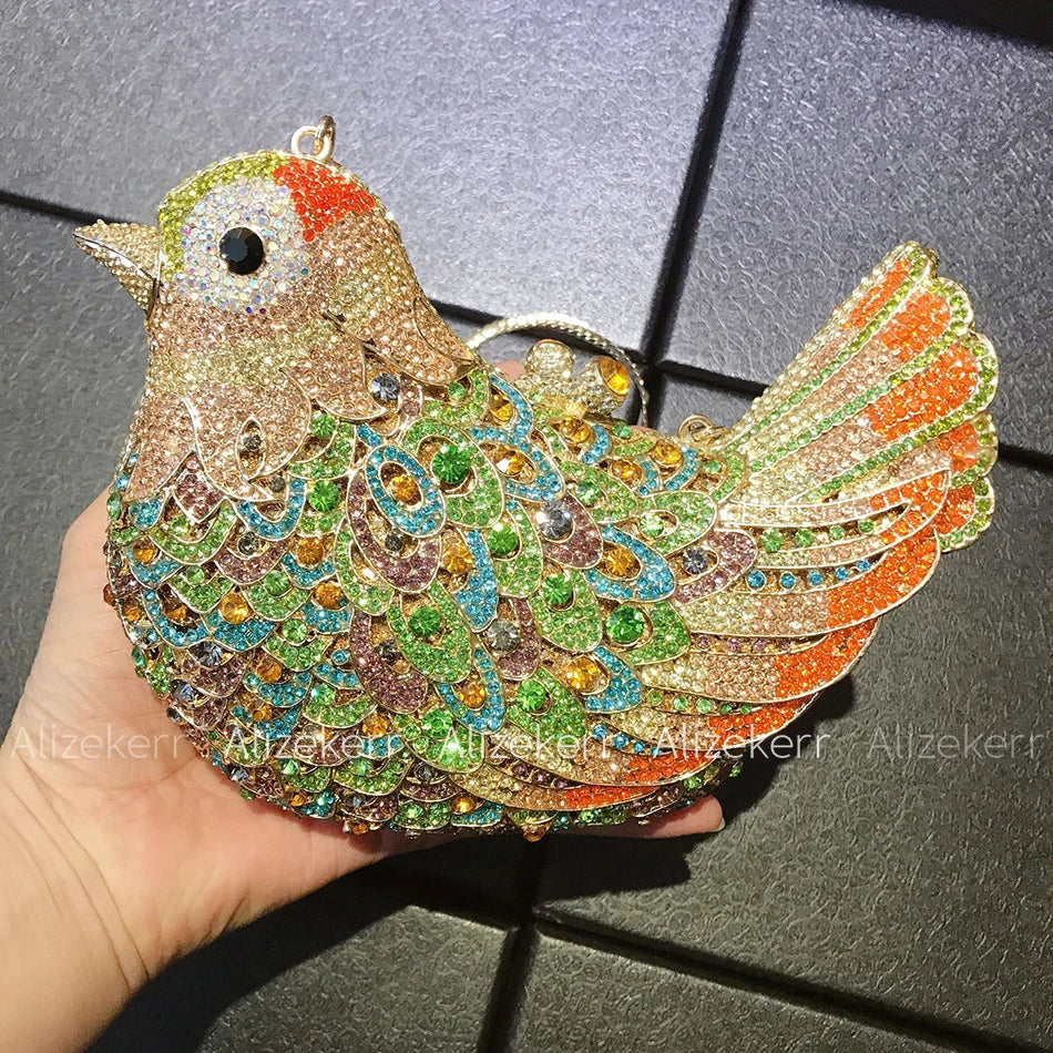 Alizekerr Pigeon Shaped Crystal Evening Bags Women Gorgeous Rhinestone Metallic Bird Clutch Purses Ladies Unique Handbags Party