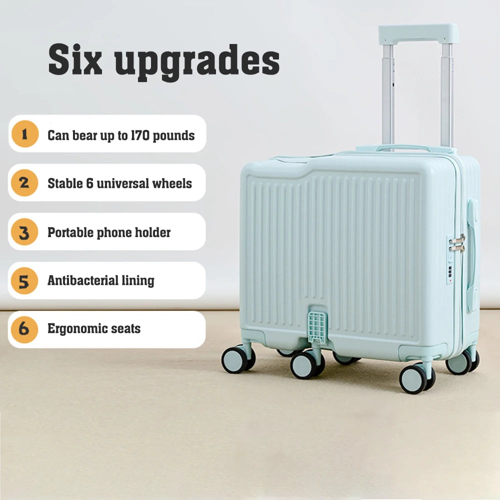 18"Hand Carry Luggage Portable Boarding Bagage 6 Wheels ZIPPER lock luggage Can Sit Down Kids Luggage