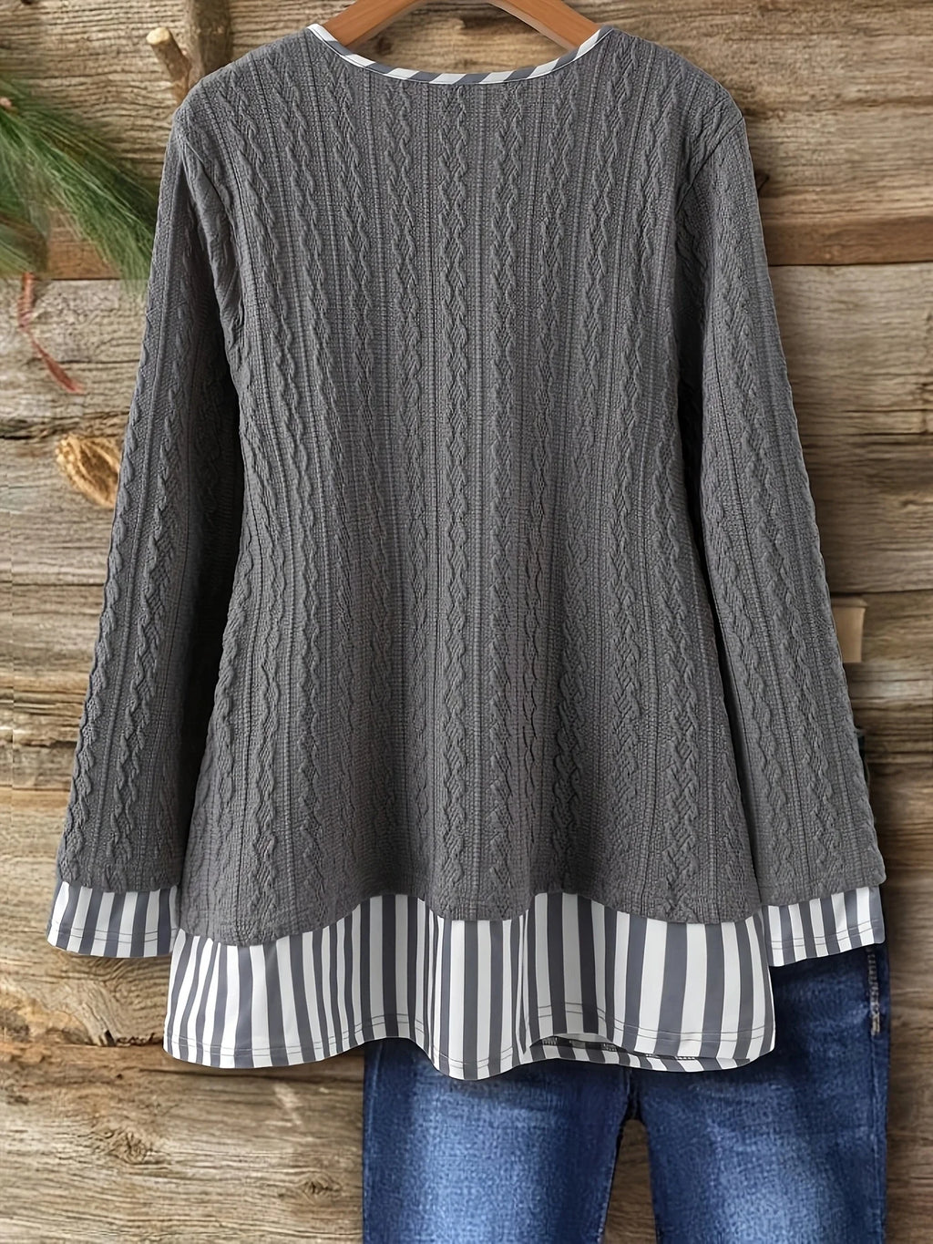 Plus Size Women Striped V-Neck Long Sleeve Casual Loose T-Shirt