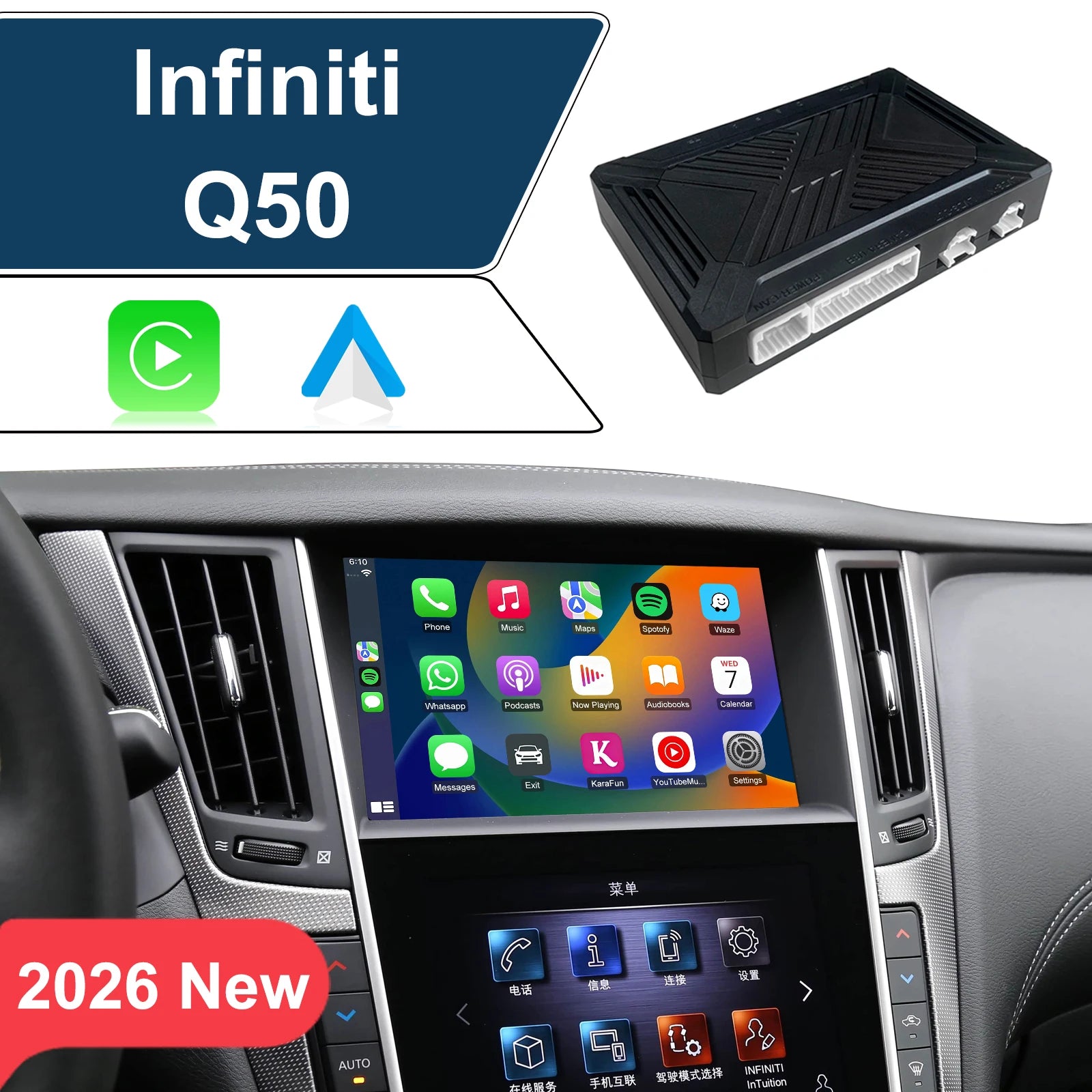 Wireless CarPlay Android Auto Interface for Infiniti Q50 2015-2019, Support OEM Steering Wheel, Bluetooth Audio, Mic and Camera