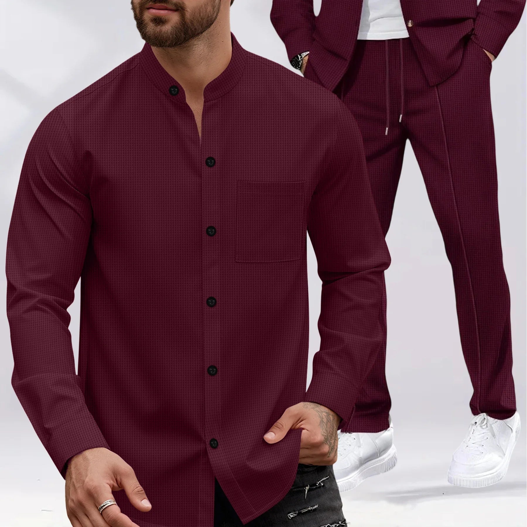 Men's Waffle-Knit Lounge Se Stand-Collar Long-Sleeve Jacket with Pockets&Drawstring Pants Versatile Comfortable Clothing Set for