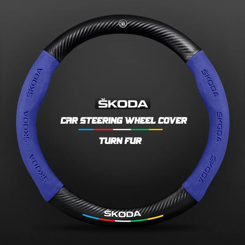 38CM suitable for Skoda Octavia Rapid Kodiaq Kamiq KAROQ carbon fiber suede car steering wheel cover accessories