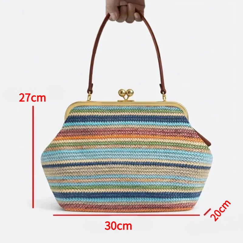 New Fashion Large Striped Clip Shell Clucth Bag for Women Designer PP Straw Handbags Luxury Summer Beach Woven Bags Vacation