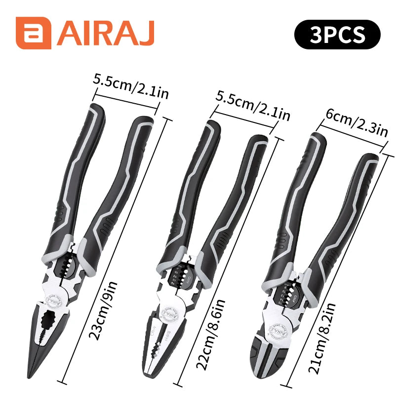 AIRAJ 3 PCS Multifunctional Electrician Wire Pliers Heavy Duty Alloy Wire Cutters Diagonal Needle Nose Pliers Hardware Tools