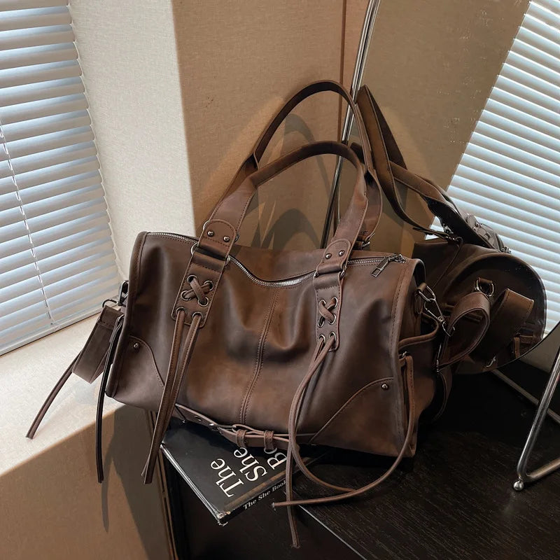 Women's Vintage Faux Leather Tote Bag, Large Capacity Crossbody Shoulder Purse with Lace-Up Detail, Casual Streetwear Use