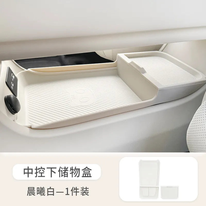 For 2026 GWM ORA 5 Dawn White Armrest Storage Box Under Console Organizer Cup Holder Phone Slot Storage Tray Interior Accessory
