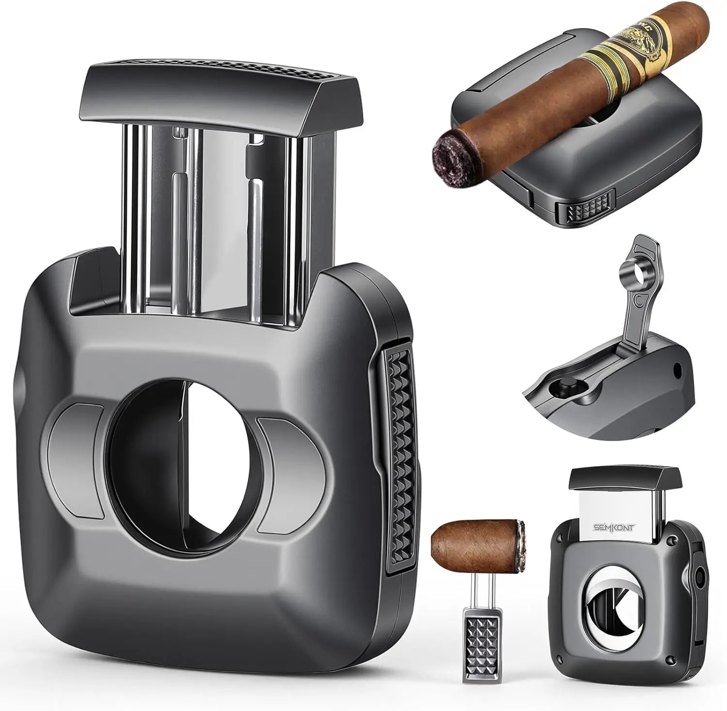 Cigar Cutter,Stainless Steel V/S-Shaped Cutter,Multifunctional Cigar Guillotine with Punch,Cigar Holder and Dual-Pin Ash Holder