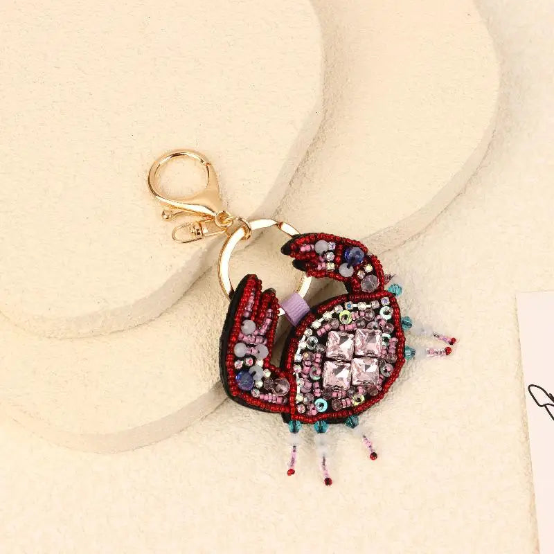 B*1Pc Rhinestone Lobster Beaded Pendant Pretty Hand Sewn Bag Charms Crab Shells Turtle Hanging Rope Patches Applique Bag Lanyard