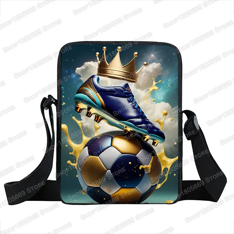 Cool Golden Soccer with Crown Print Crossbody Bags Hot Blood Football Sport Handbags Teenagers Boys Girls Phone Holder Bookbag