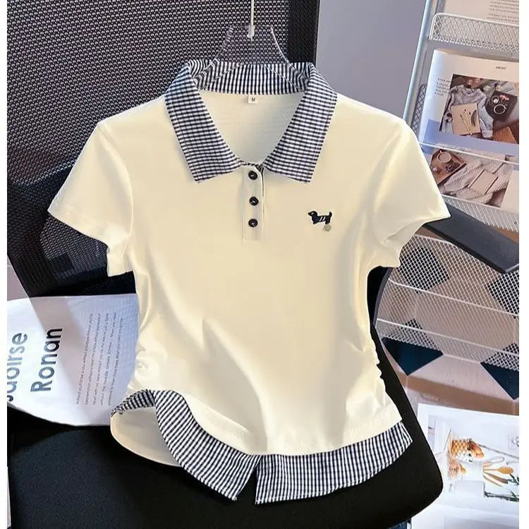 Summer Women's New Loose Casual Commuting Style Pattern Spliced Turn-down Collar Plus Size Short Sleeve T-shirt
