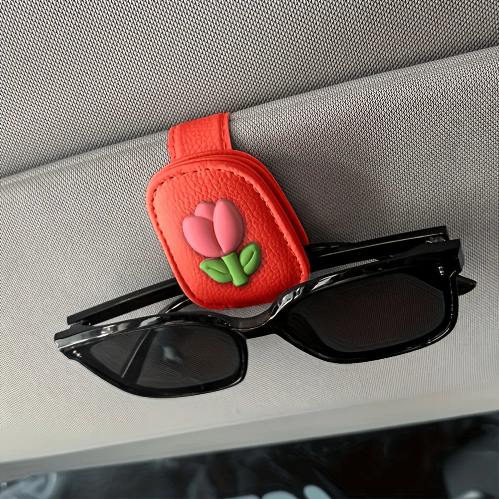 1pc Tulip Flower Car Sunshade Glasses Clip, Fashionable Sunglasses Magnetic Clip Bracket, Women'S Car Interior Additions