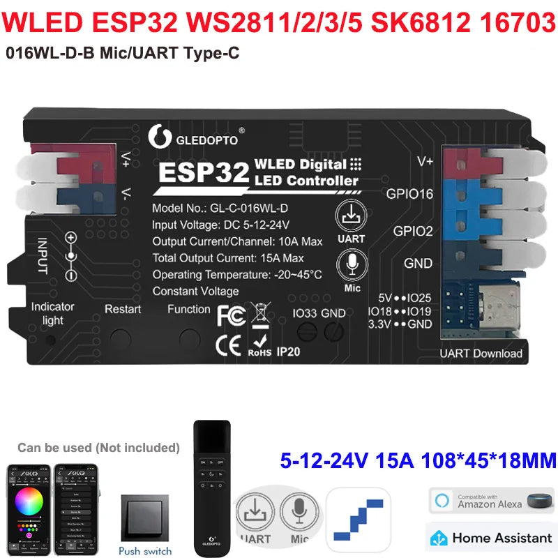 5GLEDOPTO ESP32 PWM WLED Dynamic LED Controller 5 in 1 DC12-24V WIFI App Control for RGBCCT RGBW RGB CCT DM WS2811/2B/3/5 Strip
