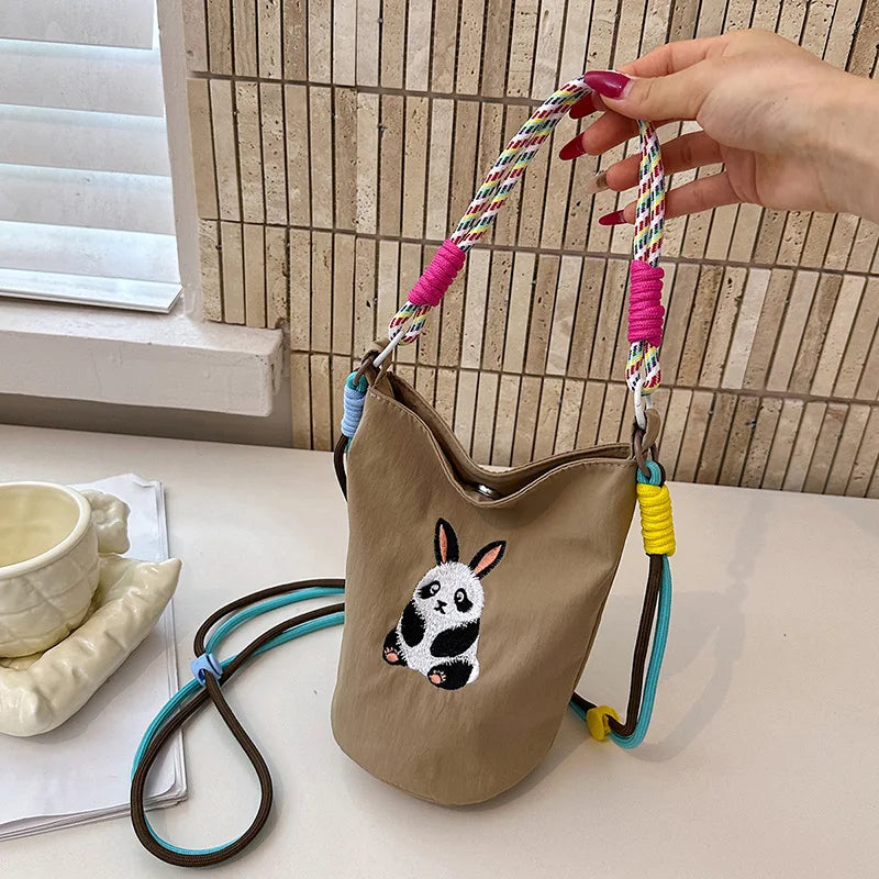 New Fashion Cute Cartoon Panda Embroidery Nylon Mini Bucket Bag Women Casual Lightweight Crossbody Shoulder Bag Small Handbag