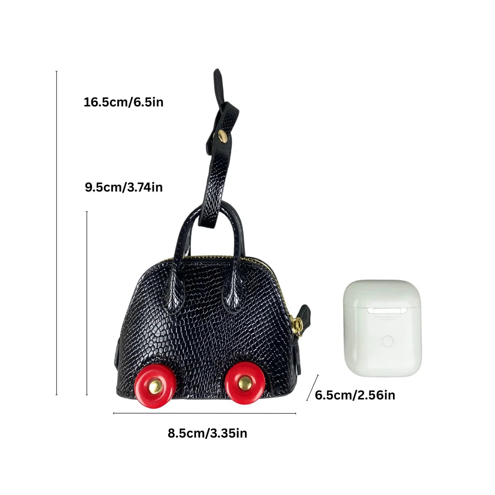 Leather Snake-Embossed Mini Bag-Earphones & Lipstick Pouch with Contrast Color Wheels-PU Leather-Bag Charm-Ideal Gift For Women