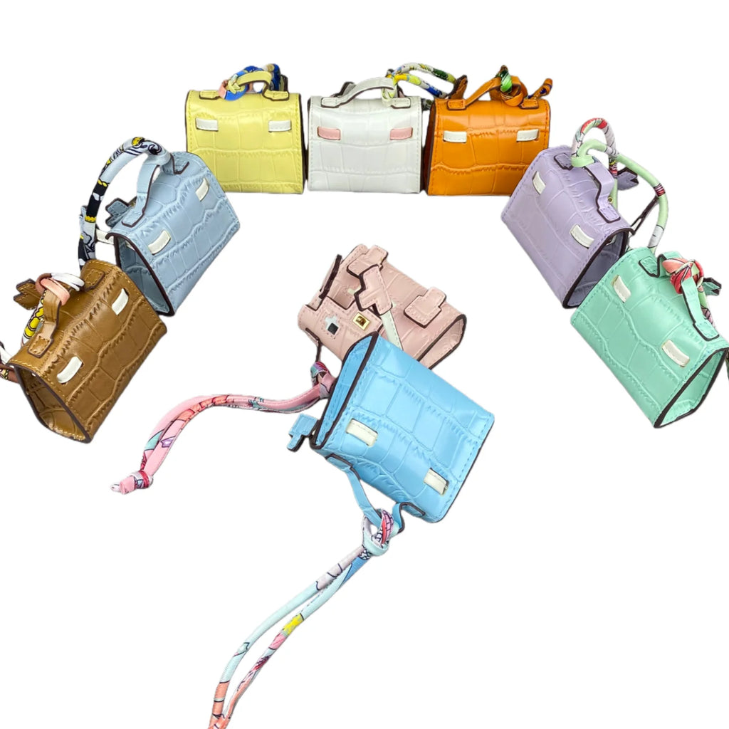 Mini Pixel Doll Bag Charm Adorable Croc-Etched PU Leather Keychain with Pouch for Earbuds & Coins Handcrafted Pastel Cutie Gift