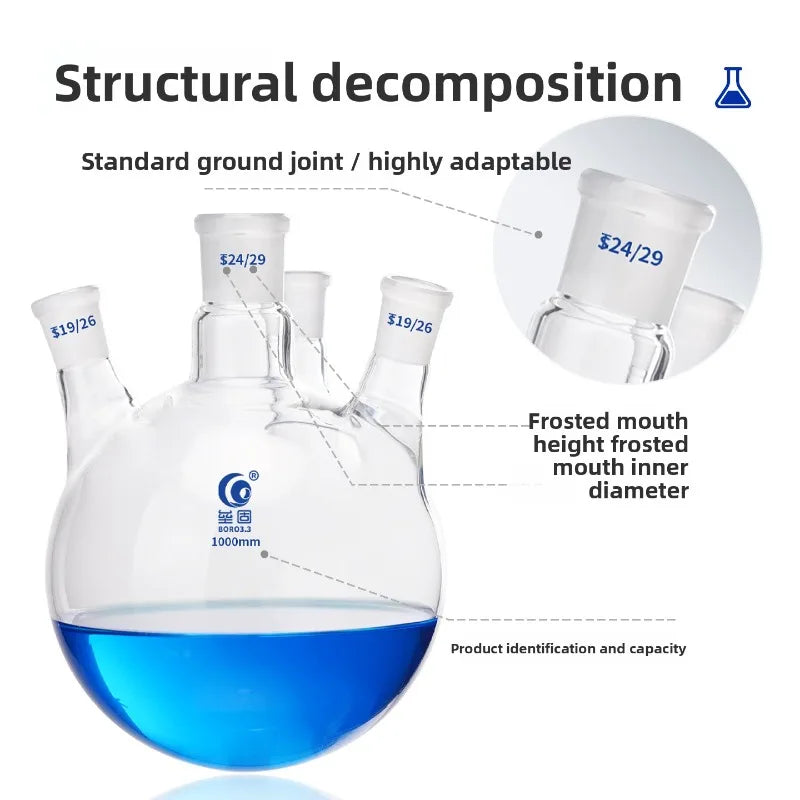 4 Neck Round Bottom Flask 100/150/250/500/1000/2000/5000ml Reaction Bottle Lab Glassware