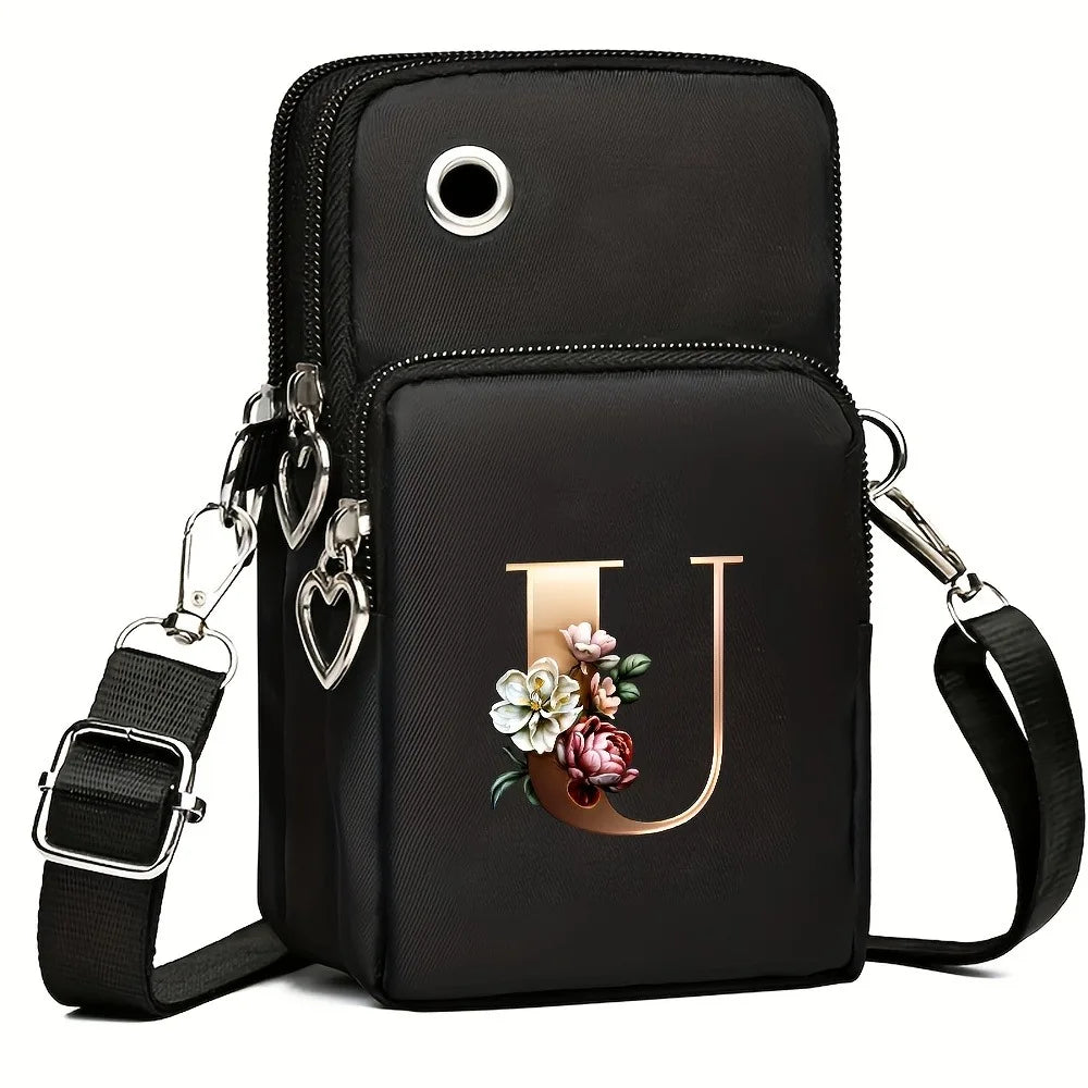 Fashion A-Z Letter Print Women's Crossbody Bag Large Capacity Three-Layer Zipper Phone Bag Daily Travel Coin Purse