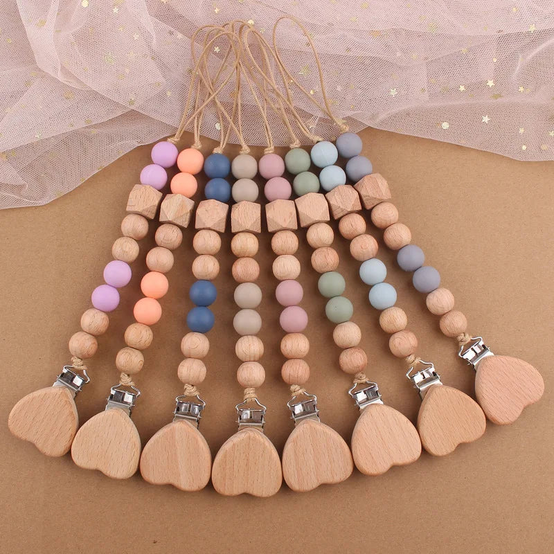 Baby products cartoon love beechwood pacifier clip creative baby silicone beads bite teeth pacifier chain