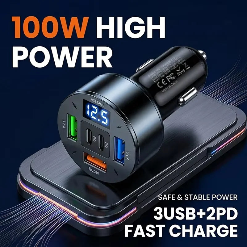 100W 5-Port USB C Car Charger Fast Charging Adapter with LED Voltage Monitor 3 USB-A 2 PD Ports For Android Devices For iPhone