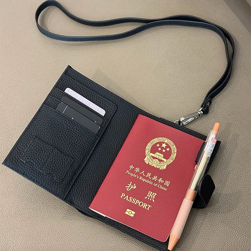 Genuine Leather Engraving Passport Wallet With Neck Strap Custom Name Cowhide Travel Wallet Woman Portable Card Bag Coin Purse