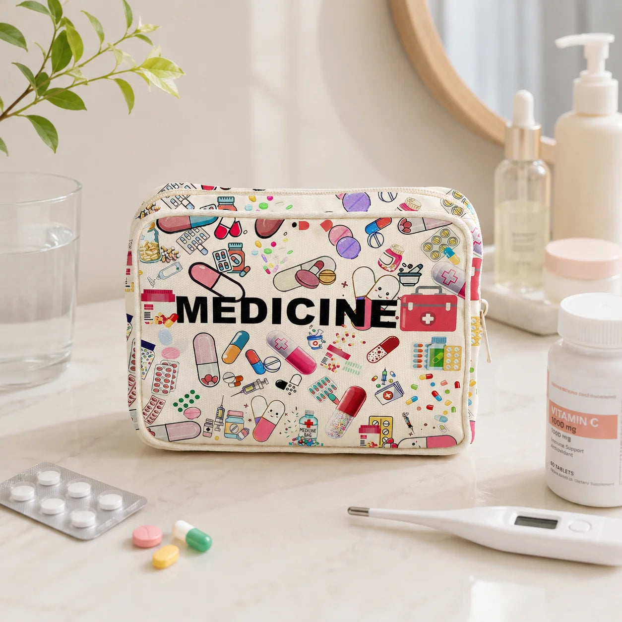 Portable Medicine Bag, Cute Pill Print Large Capacity First Aid Organizer Case for Women, Travel, Home, Camping & Emergency