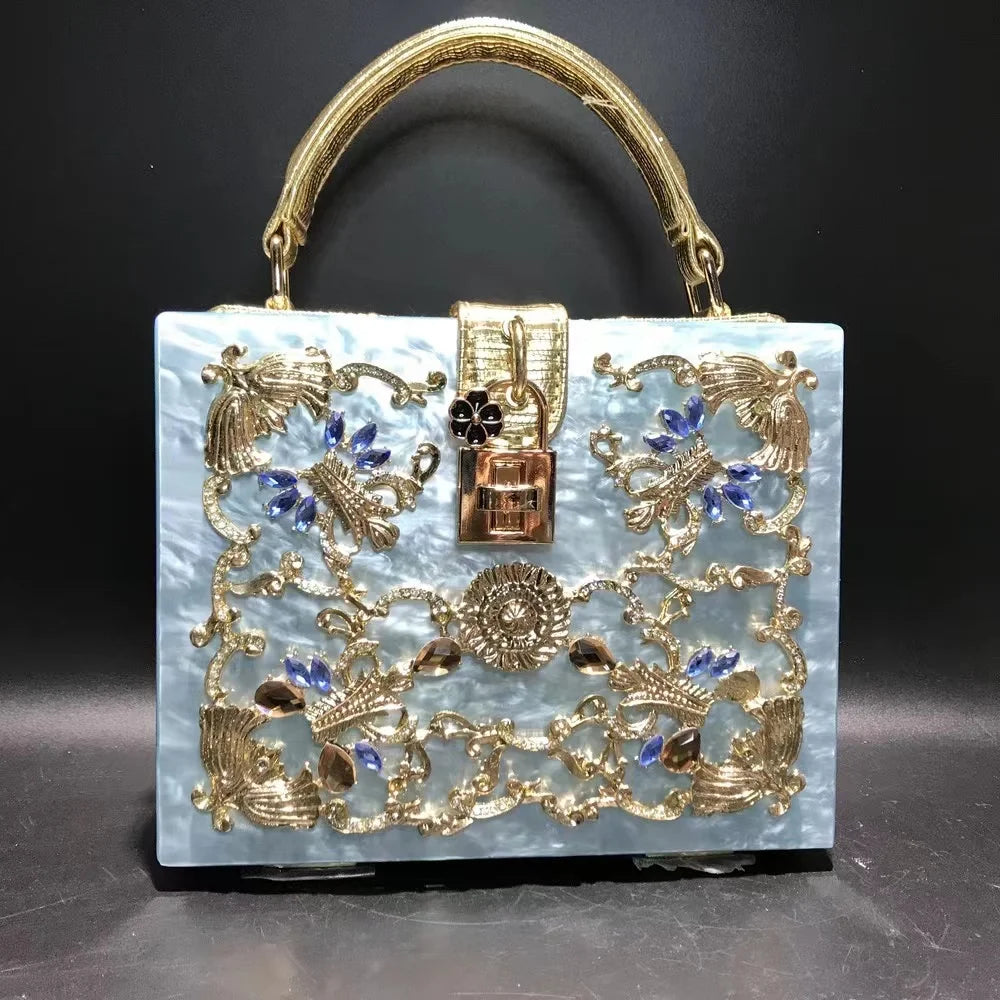 Luxury Designer Shimmer Acrylic Box Glitter Rhinestones Diamond Evening Bag Wedding Party Clutch Purse Shoulder Messenger Bag