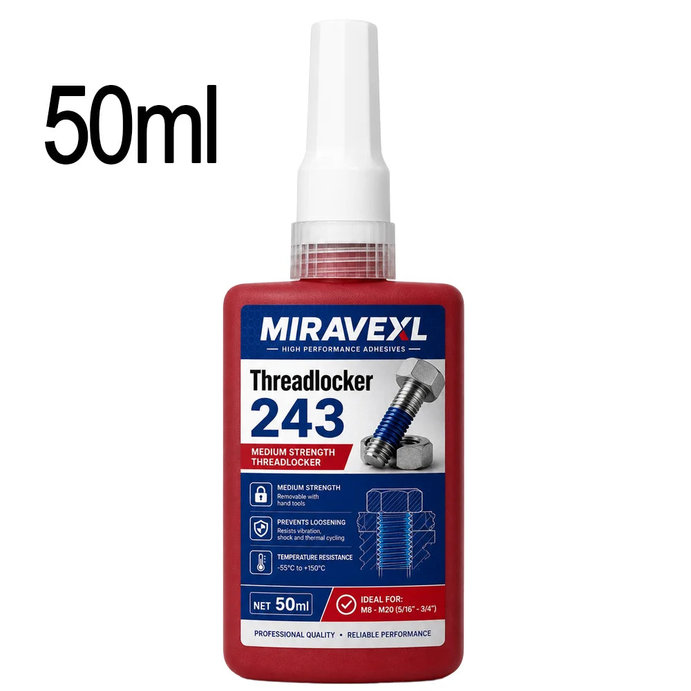 MIRAVEXL Threadlocker 243 Medium Strength Screw Glue Anaerobic Adhesive for Bolts NutsThreads Removable Anti Loose 10ml 50mlKit