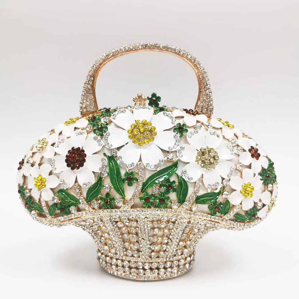 WHTUOHENG Women's Rhinestone Embellished Flower Leaves Basket Clutch Bag Luxury Diamond Evening Purse Crystal Bridal Handbag