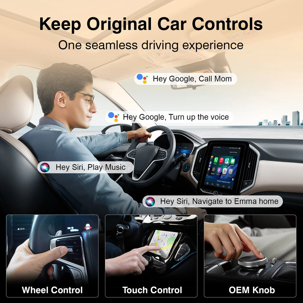 Mini Wireless CarPlay and Android Auto Adapter—converts wired CarPlay to wireless CarPlay, with button controls and one-touch disconnection (to protect privacy during calls)