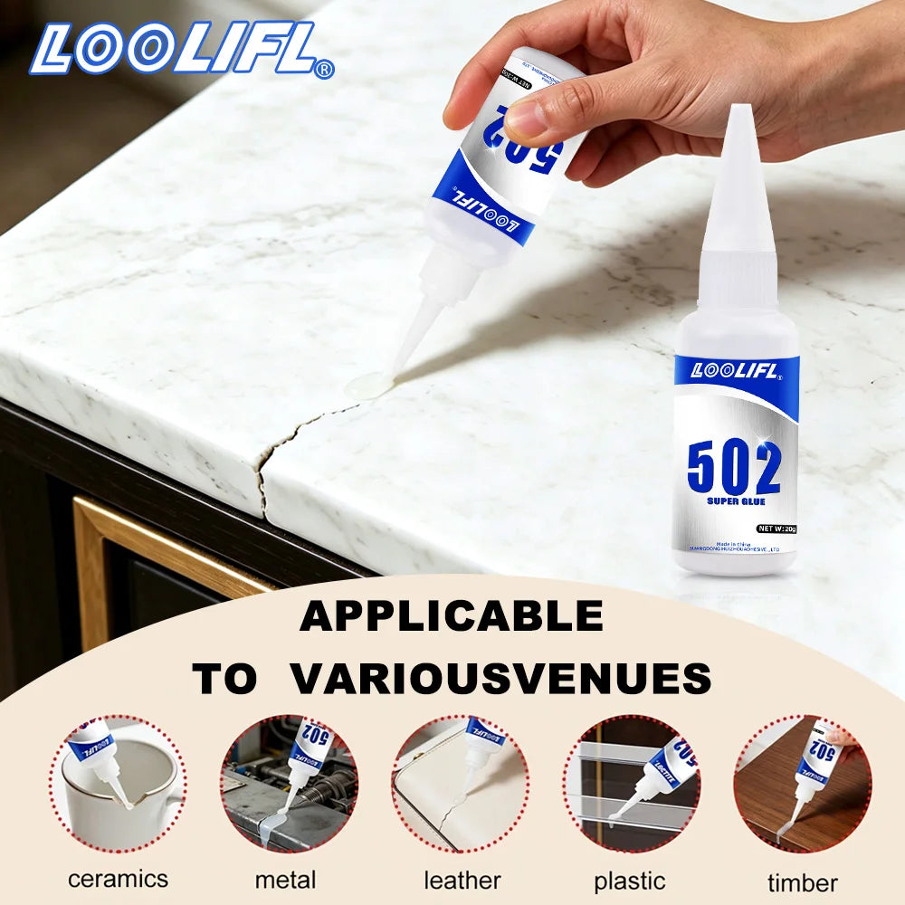 Loolifl 502 Super Glue Strong Adhesive Instant Quick Dry Glue for Ceramic Metal Leather Plastic Wood Multi-Purpose Repair Glue
