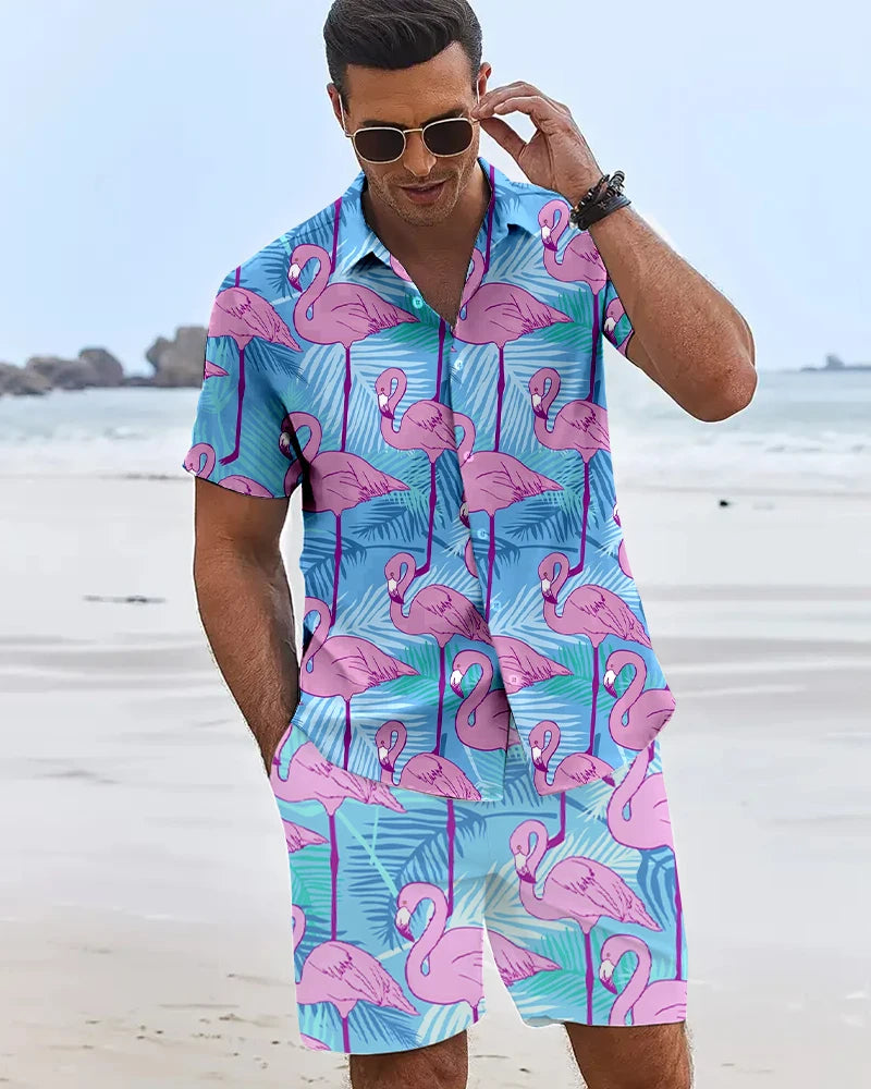 Funny 3D Flamingo Printed Men's Shirts Hawaiian Beach Vacation Short Sleeve Shorts 2 Piece Summer Hip Hop Trend Fashion Men Sets