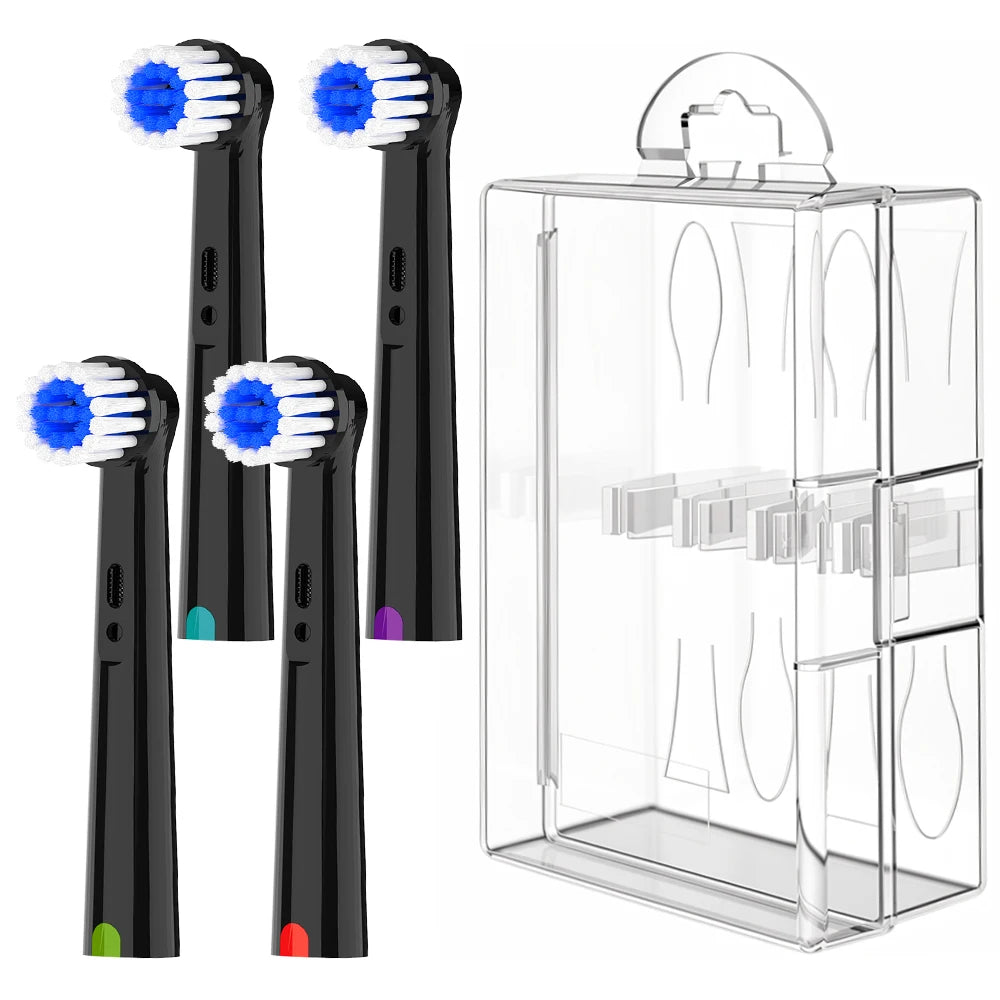 Toothbrush Head Protective Box Travel Container and 4x Soft Replacement Brush Heads Compatible with Oral B Electric Toothbrushes