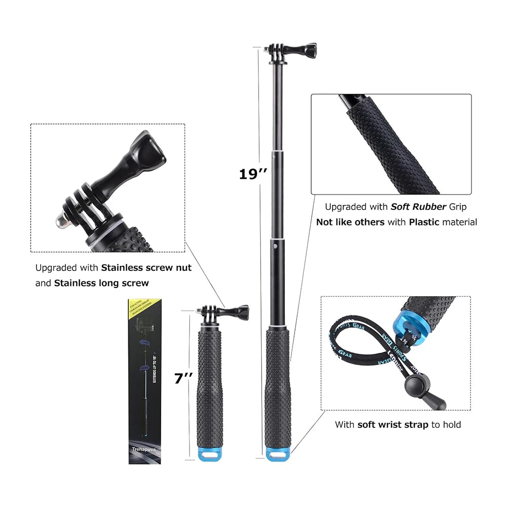 Selfie Stick 19-inch/48cm Short Extension Pole Retractable Portable Grip Compatible with GoPro Hero DJI Osmo Action and more