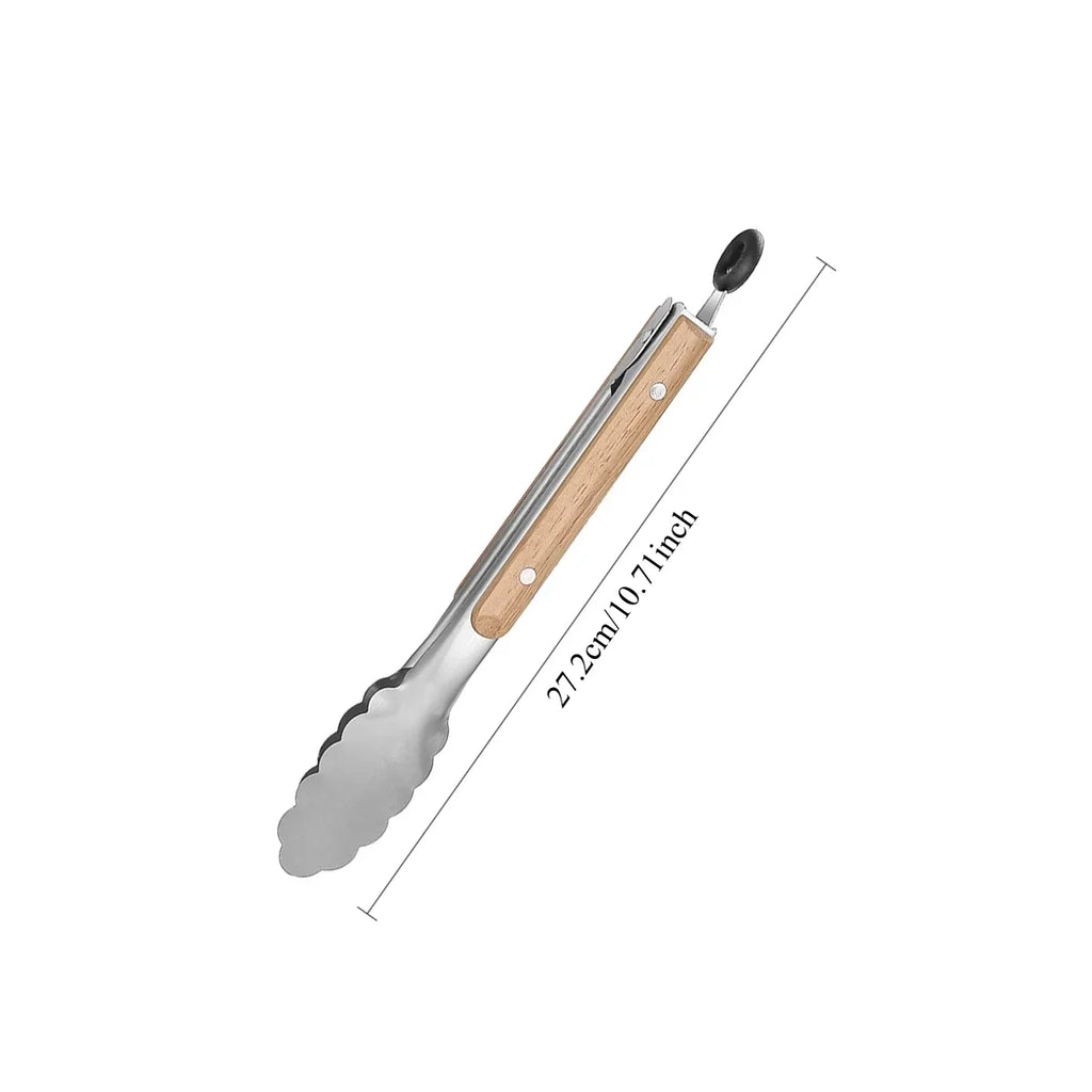 1Pcs Stainless Steel Food Tongs, Heavy Duty Kitchen Tongs with Wooden Handle for Cooking, Grilling and BBQ, 7-16 Inch Length