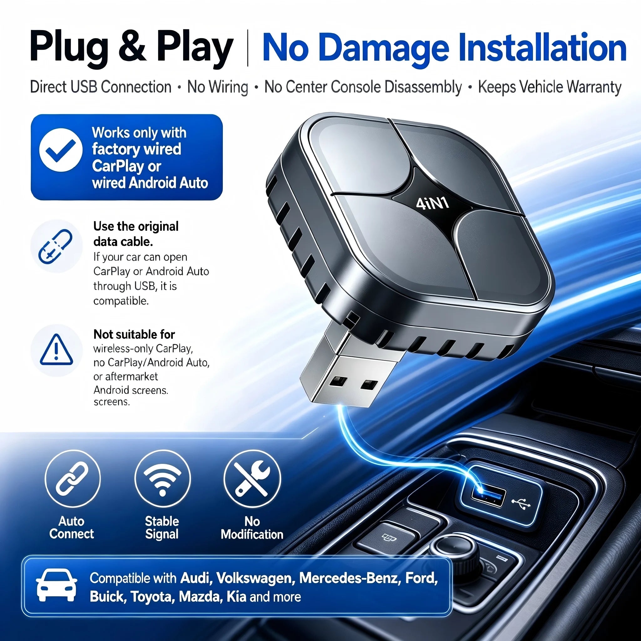 2026 NEW 4 IN 1 Wireless CarPlay Adapter Convert OEM Wired CarPlay Android Auto To Wireless AirPlay Miracast Screen Mirroring