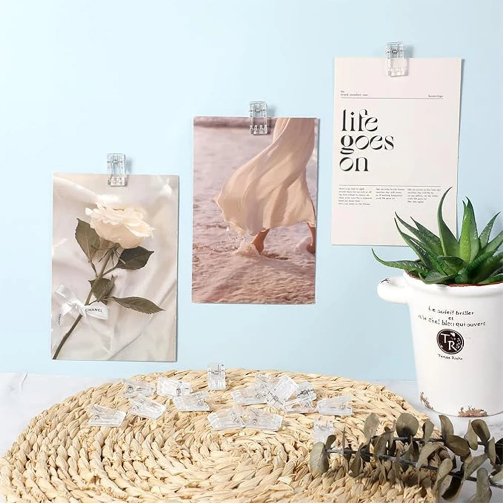 50PCS Self-adhesive Wall Tapestry Clips Transparent Acrylic Clips Poster Photo Wall Hanging Spring Clips Office Clips