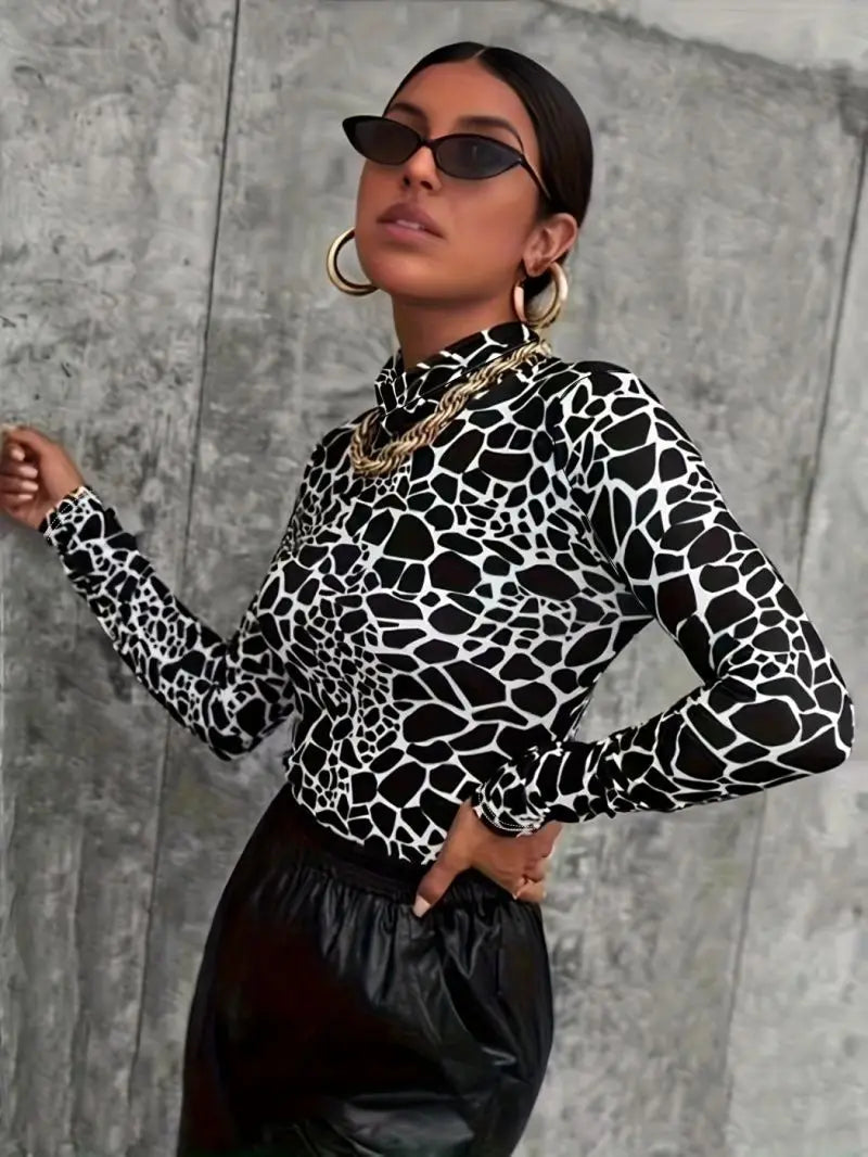 Women's Slim Fit High Neck Long Sleeve Top Versatile Street Style Fashionable Slimming Half High Neck Top