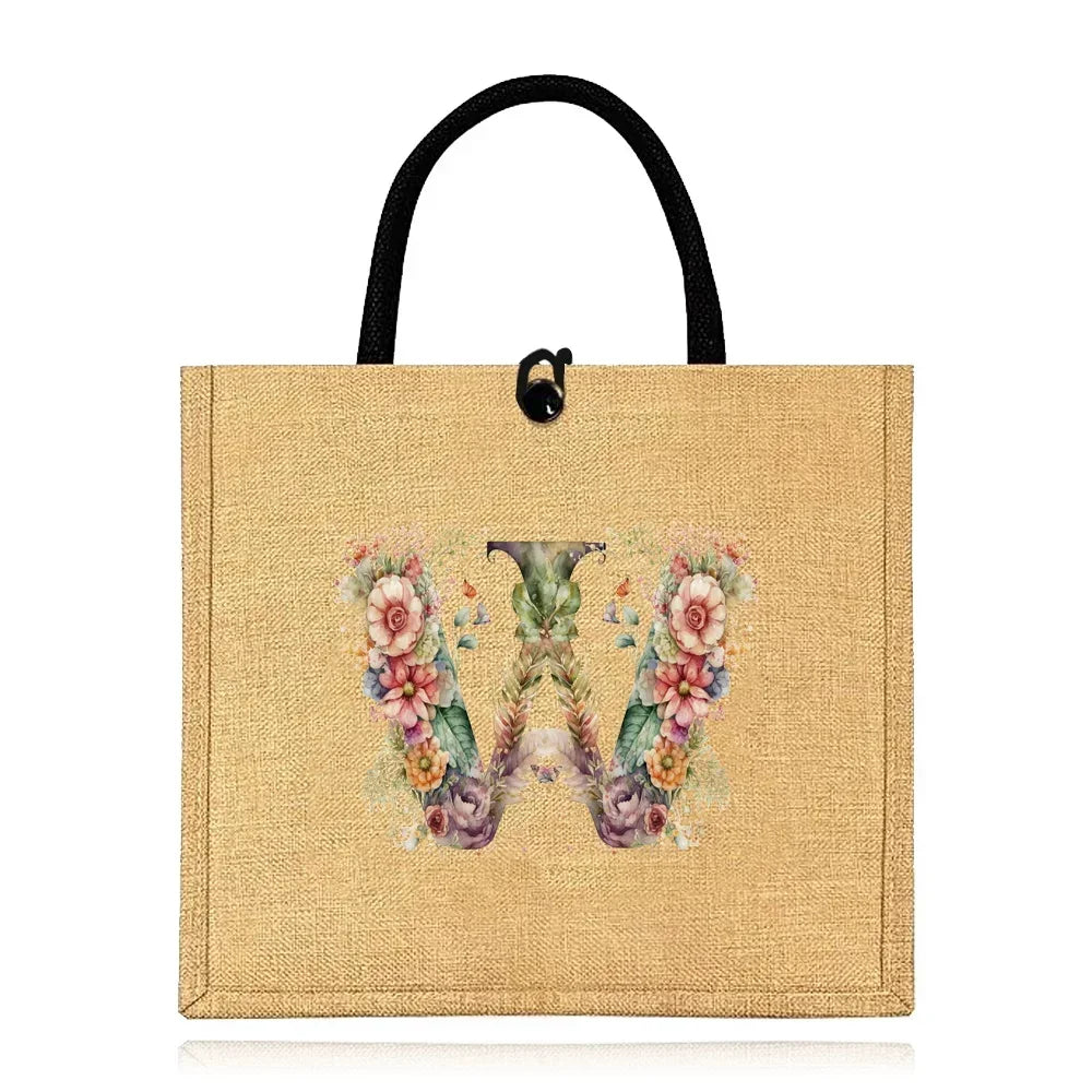 Flax Bag Fastener Handbag Organizer Storage Jute Tote Bags Imitation Cotton Women Valise Portable Floral Letter Printing Series