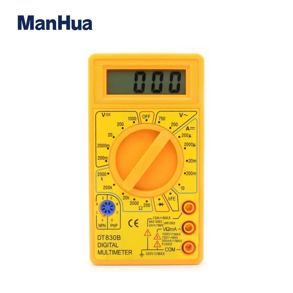 ManHua DT830B Mini Digital Multimeter with LCD Overload Protection Voltage Amperage Test Probe DC AC Yellow