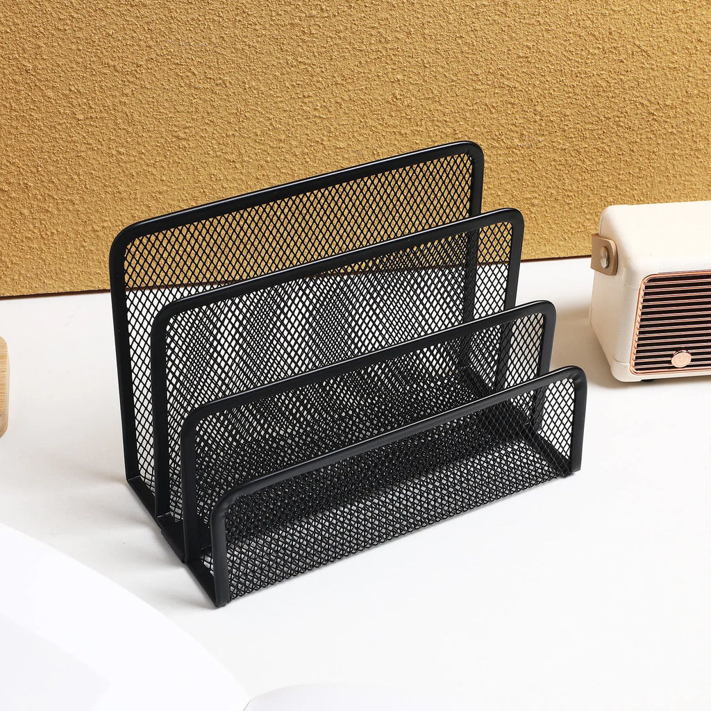 Three-Section Metal Mesh Desk File Holder Upright Document Organizer Desktop File Sorter Letter Brochure Magazine Storage Rack