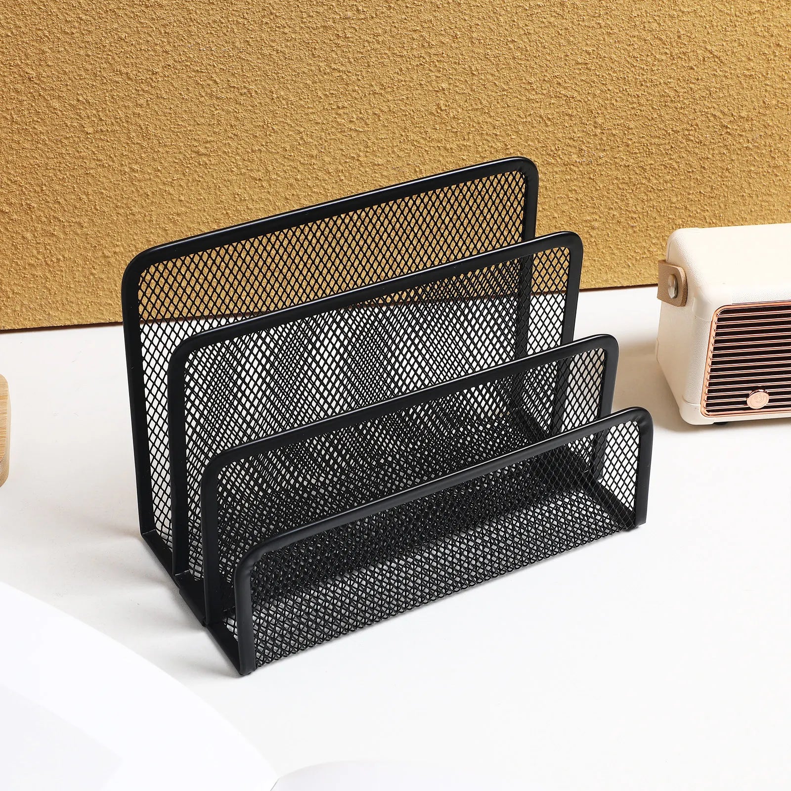 Three-Section Metal Mesh Desk File Holder Upright Document Organizer Desktop File Sorter Letter Brochure Magazine Storage Rack