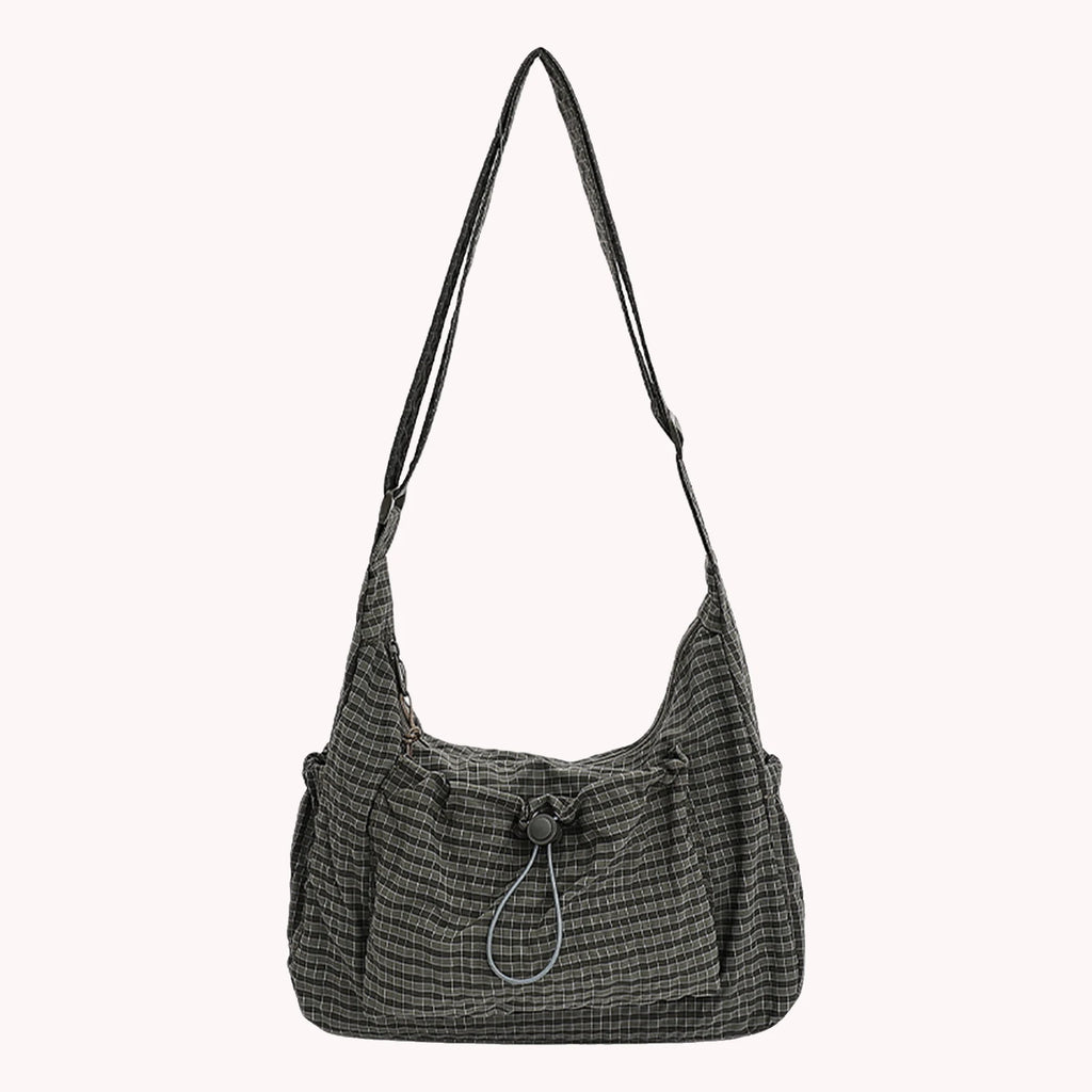 Women Checkered Sling Bag Nylon Pleated Cloud Shoulder Bag Large Capacity Stylish Plaid Tote Bag Shopping Date Handbag