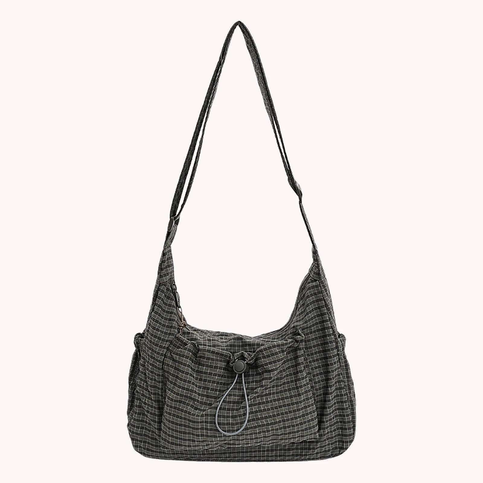 Women Checkered Sling Bag Nylon Pleated Cloud Shoulder Bag Large Capacity Stylish Plaid Tote Bag Shopping Date Handbag