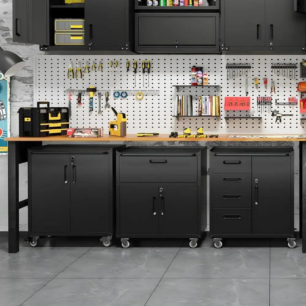 Double-Layer Heavy Duty Steel Rolling Tool Cabinet with Lockable Drawers and Adjustable Shelves for Mobile Workshop Storage and